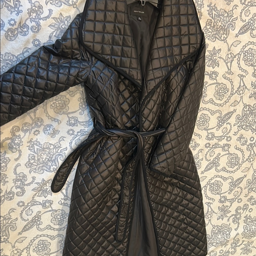 Ann Taylor Black Quilted Belted Wrap Puffer Coat